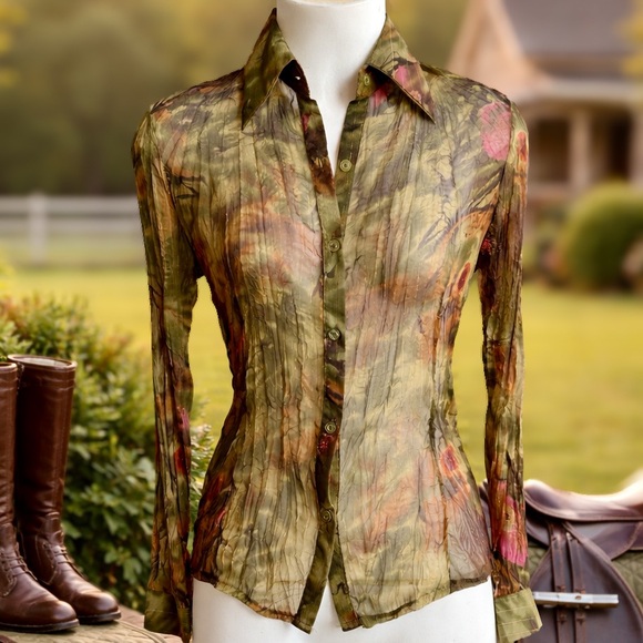 Lisa P Tops - Lise P Paris Sheer Crinkle Button Front Blouse T3 Olive Floral Metallic